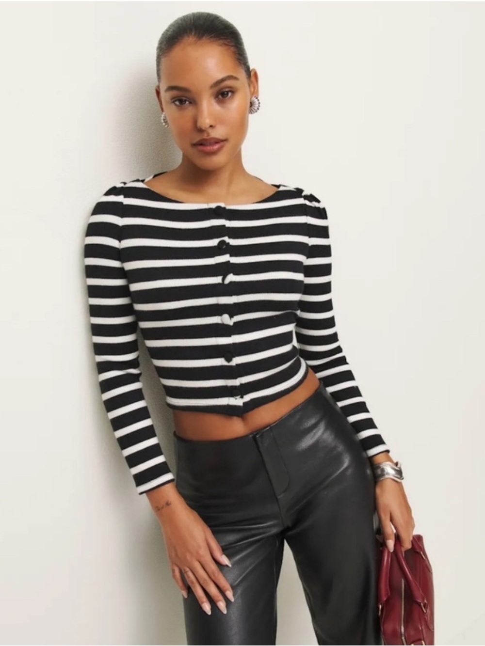 Reformation Black & White Striped Cropped Cardigan